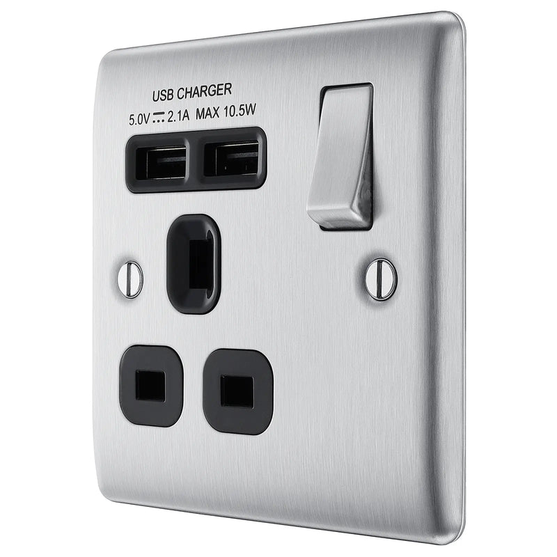 BG Electrical Nexus Metal Brushed Steel - Single switched, single pole, with 2 x USB A
