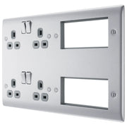BG Electrical Nexus Metal Brushed Steel - Combination plate, 2 x double socket, 8 module aperture