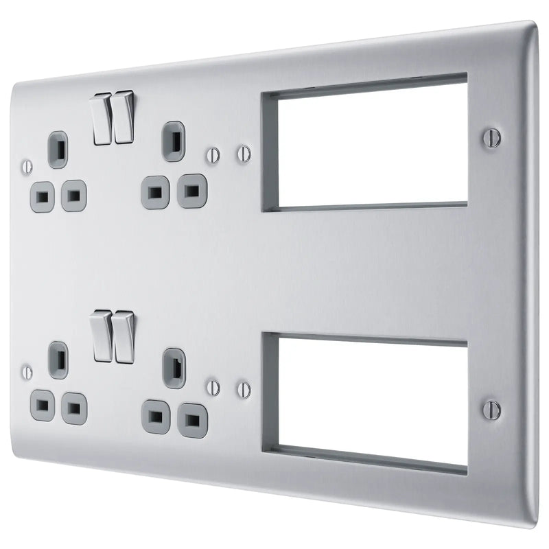 BG Electrical Nexus Metal Brushed Steel - Combination plate, 2 x double socket, 8 module aperture