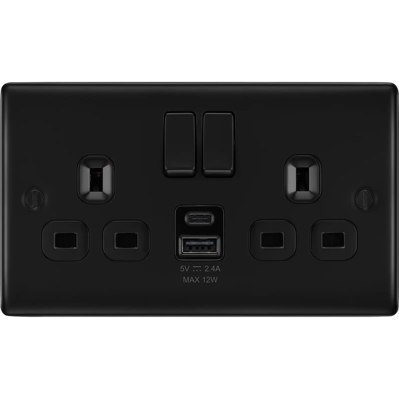 BG Electrical Nexus Metal Matt Black - Double switched single pole, with USB A + C (12W)