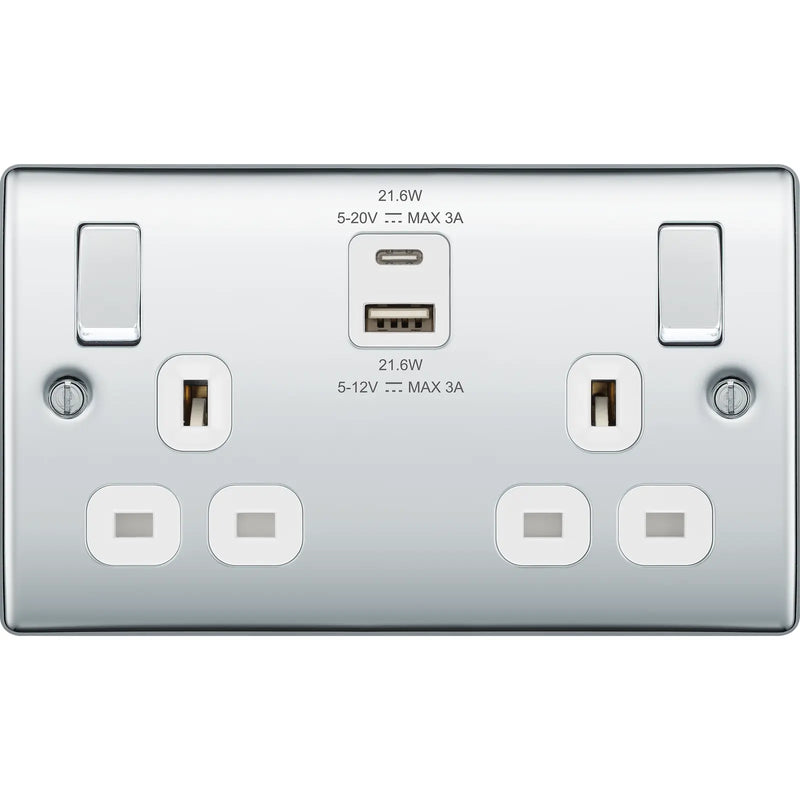 BG Electrical Nexus Metal Polished Chrome - Double switched single pole, with USB A + C (22W)