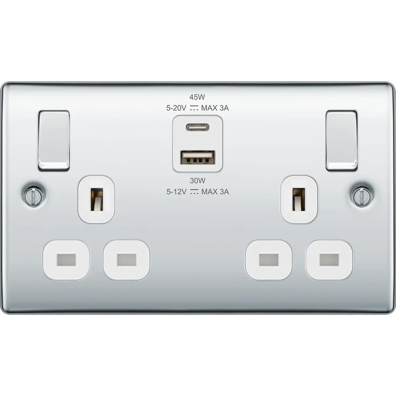 BG Electrical Nexus Metal Polished Chrome - Double switched single pole, with USB A + C (45W)