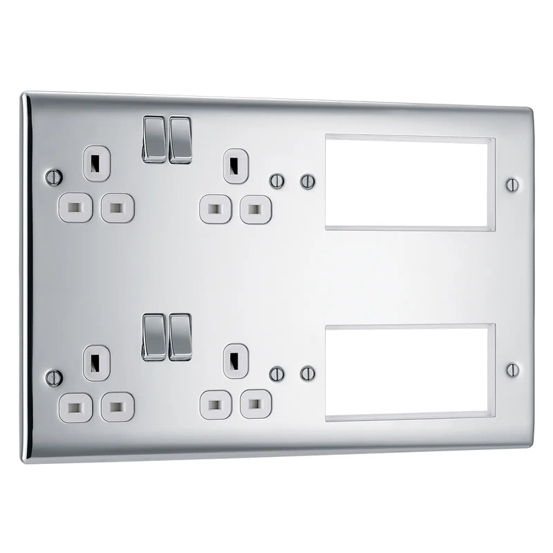 BG Electrical Nexus Metal Polished Chrome - Combination plate, 2 x double socket, 8 module aperture