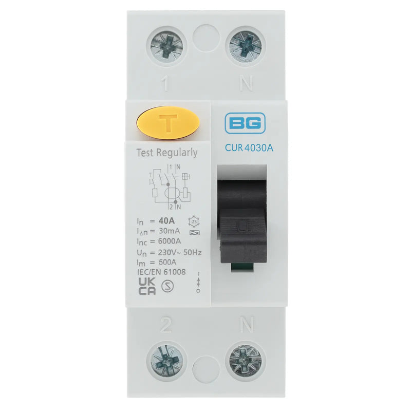 BG Circuit Protection RCD - Type A, Bidirectional RCD, Double Pole, 40A, 30mA, 2 module