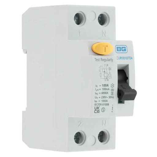 BG Circuit Protection RCD - Type A, Bidirectional RCD, Double Pole, 100A, 100mA, S-Type Time Delay, 2 module