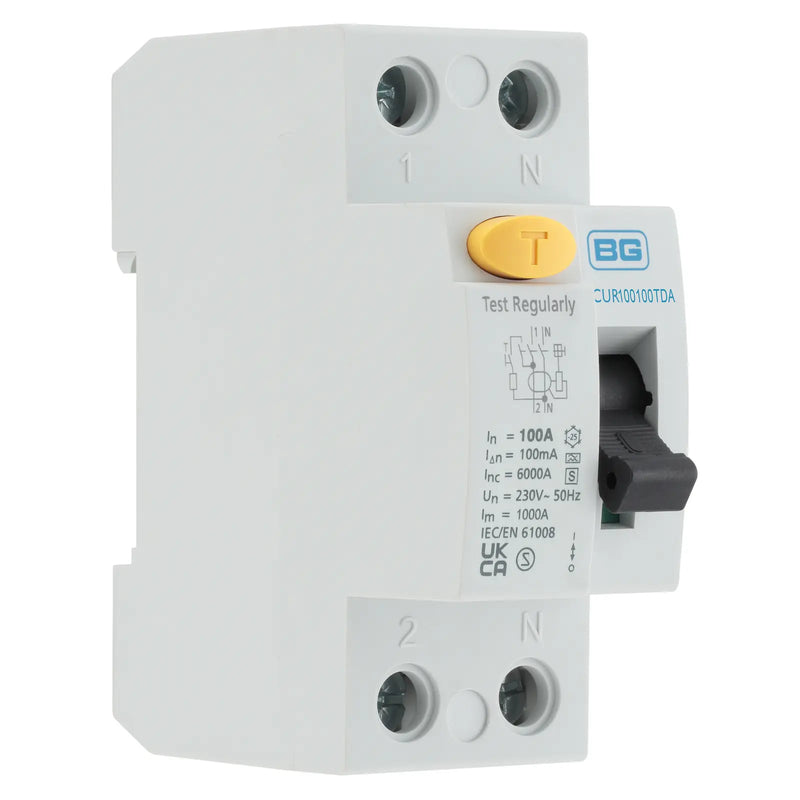 BG Circuit Protection RCD - Type A, Bidirectional RCD, Double Pole, 100A, 100mA, S-Type Time Delay, 2 module