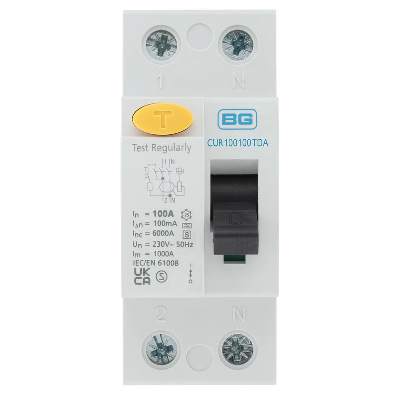BG Circuit Protection RCD - Type A, Bidirectional RCD, Double Pole, 100A, 100mA, S-Type Time Delay, 2 module
