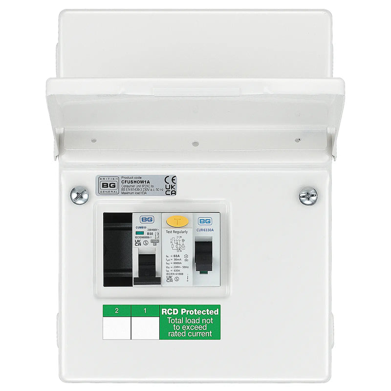 BG Circuit Protection IP20 Non Weatherproof - 4 module, 2 way, 63A Type A RCD, 2 MCB's