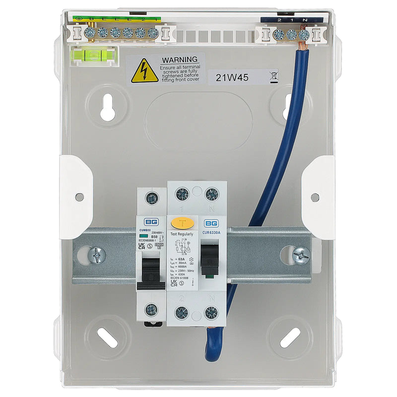 BG Circuit Protection IP20 Non Weatherproof - 4 module, 2 way, 63A Type A RCD, 2 MCB's