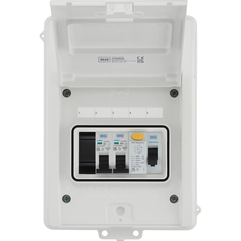 BG Circuit Protection IP65 Weatherproof - 5 module, 3 way, 40A Type A RCD, 2 MCB's