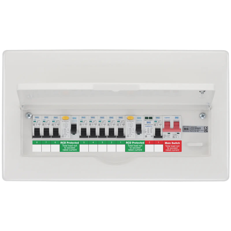 BG Circuit Protection Dual RCD SPD - 16 module, 8 way, 100A Main Switch, 80A/80A Type A RCD, 8 MCB's, Type 2 SPD