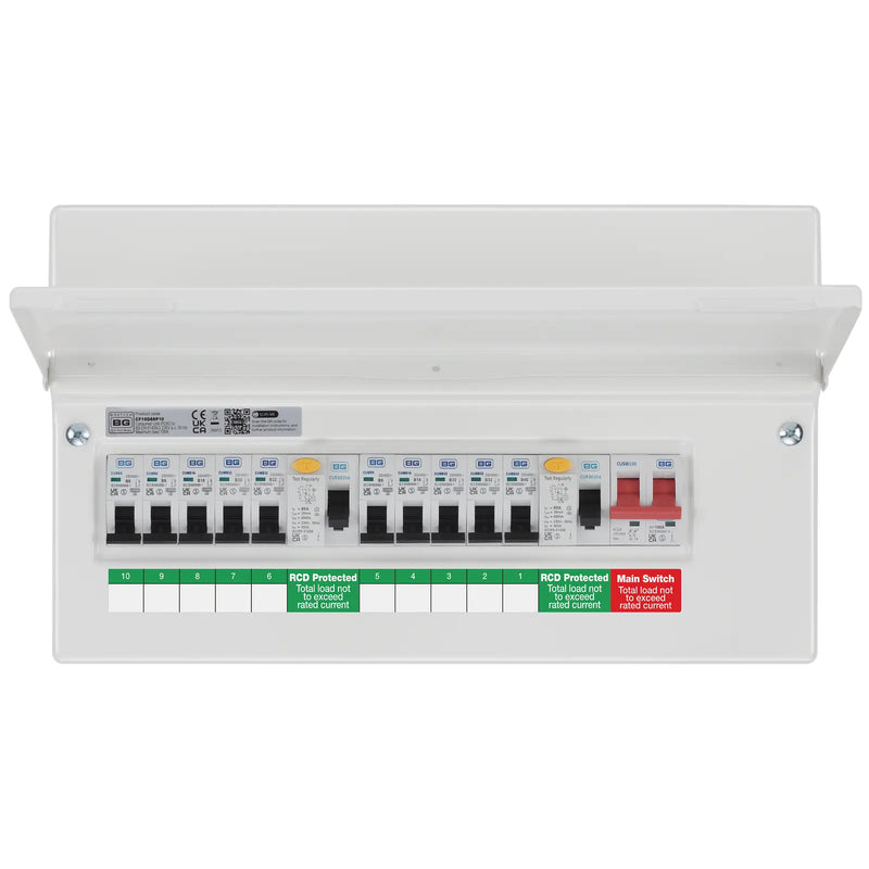 BG Circuit Protection Dual RCD - 16 module, 10 way, 100A Main Switch, 2 x 80A Type A RCD, 10 MCB's