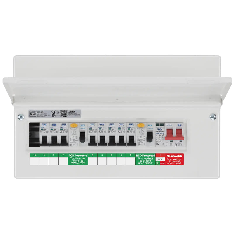 BG Circuit Protection Dual RCD SPD - 16 module, 9 way, 100A Main Switch, 2 x 80A Type A RCD, 8 MCB's, Type 2 SPD