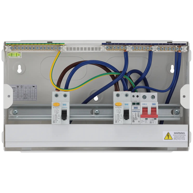 BG Circuit Protection Dual RCD SPD - 16 module, 9 way, 100A Main Switch, 2 x 80A Type A RCD, Type 2 SPD