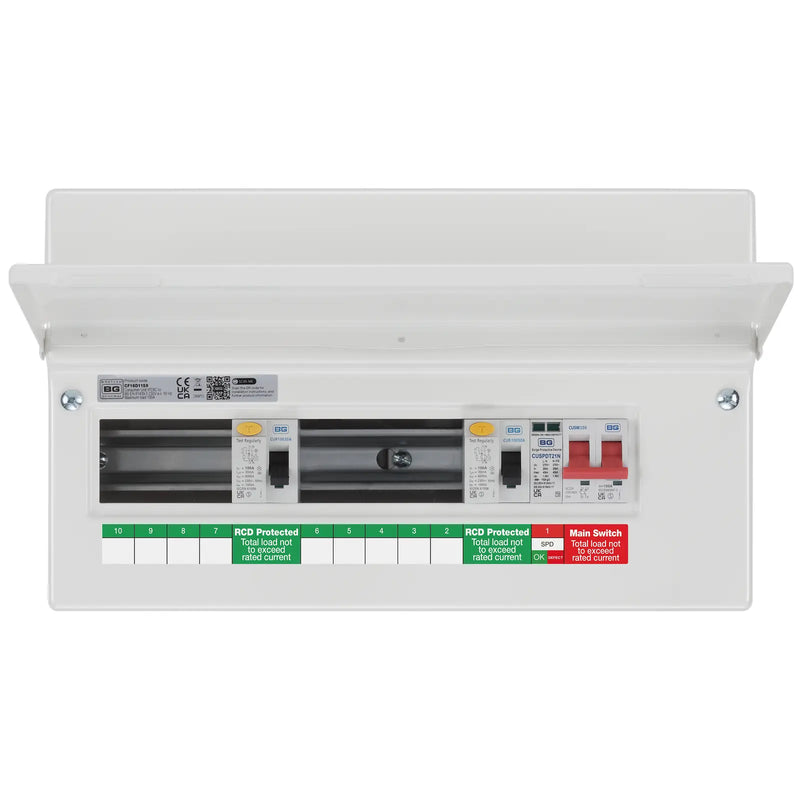 BG Circuit Protection Dual RCD SPD - 16 module, 9 way, 100A Main Switch, 2 x 100A Type A RCD, Type 2 SPD