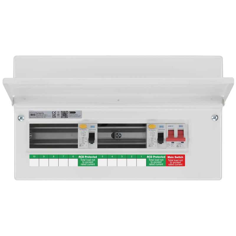 BG Circuit Protection Dual RCD SPD - 16 module, 10 way, 100A Main Switch, 2 x 100A Type A RCD