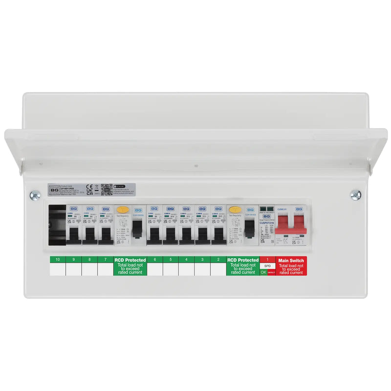 BG Circuit Protection Dual RCD SPD - 16 module, 9 way, 100A Main Switch, 2 x 100A Type A RCD, 8 MCB's, Type 2 SPD
