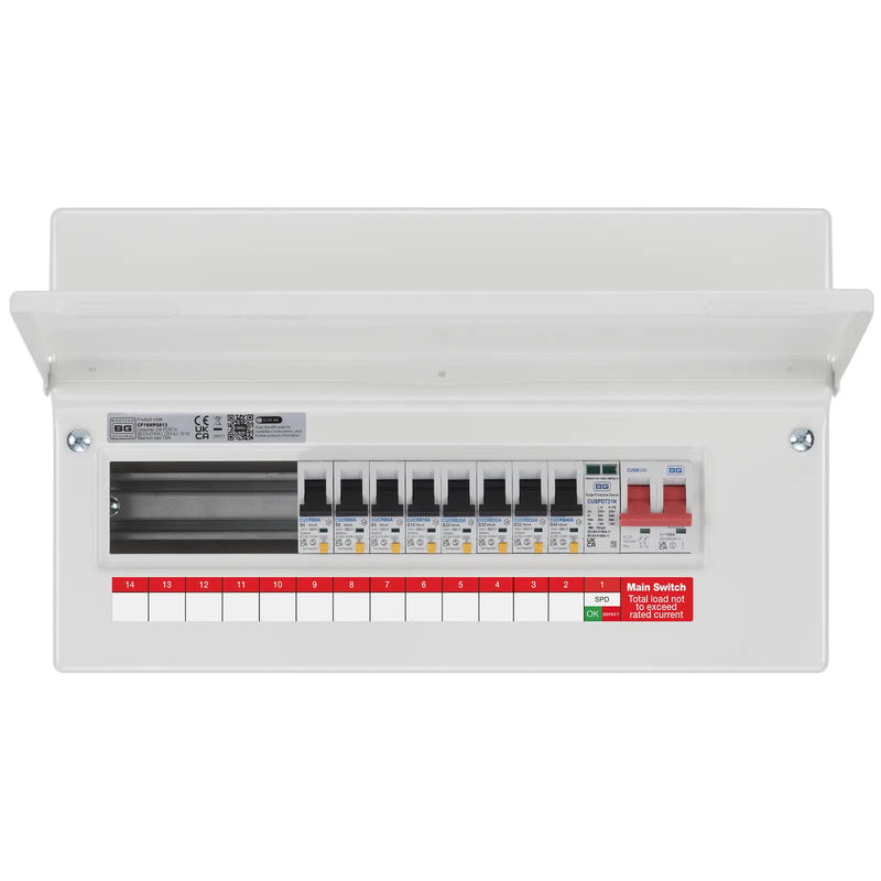 BG Circuit Protection RCBO Main Switch SPD - 16 module, 13 way, 100A Main Switch, 8 RCBO's, Type 2 SPD