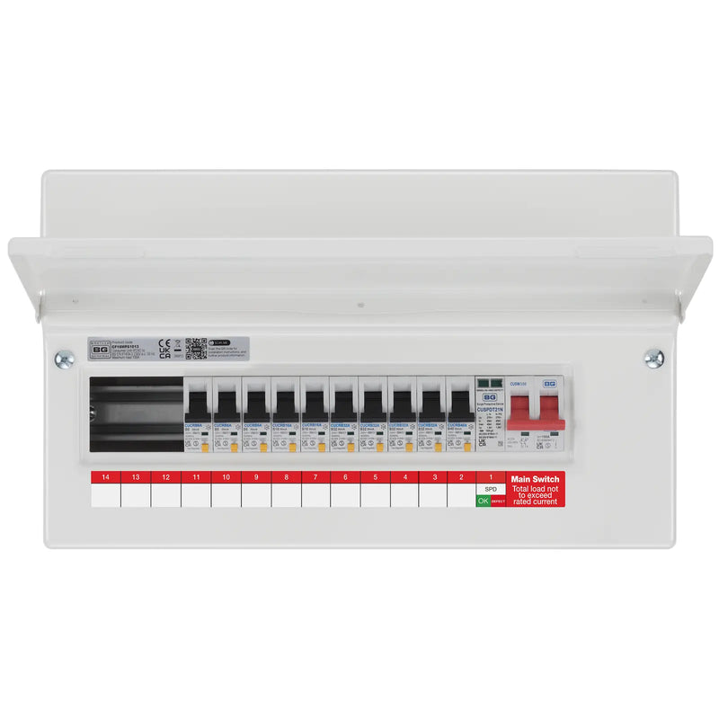 BG Circuit Protection RCBO Main Switch SPD - 16 module, 13 way, 100A Main Switch, 10 RCBO's, Type 2 SPD