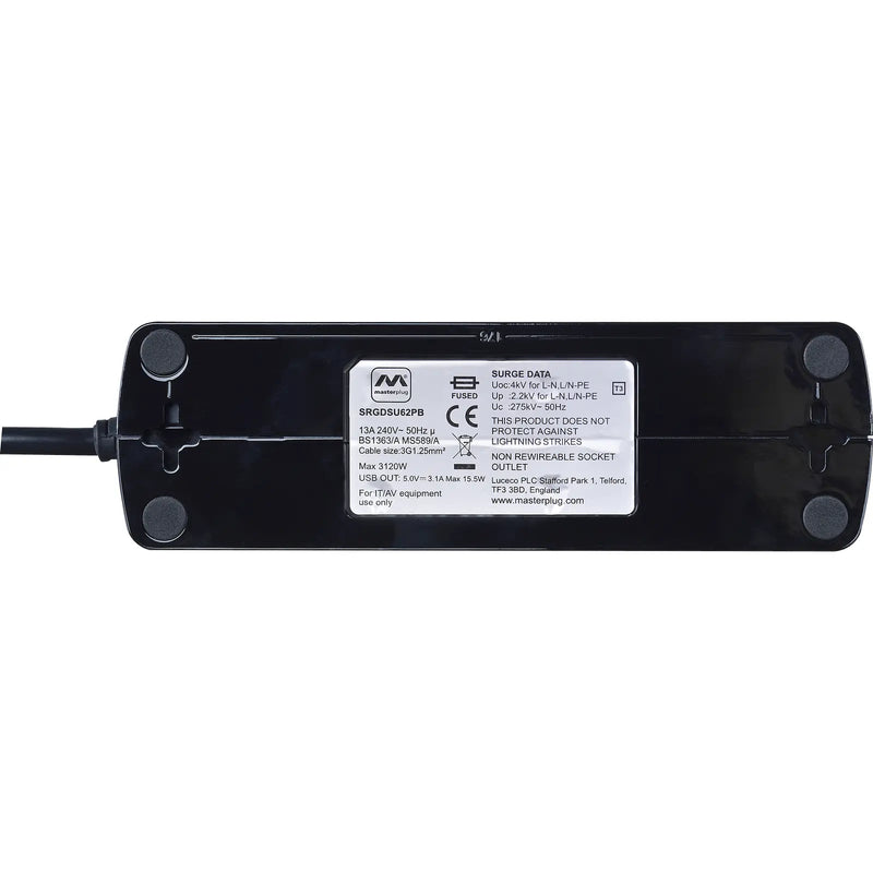Masterplug High Gloss USB - 2 x USB A, 6 Sockets, 2m, 13A, Gloss Black