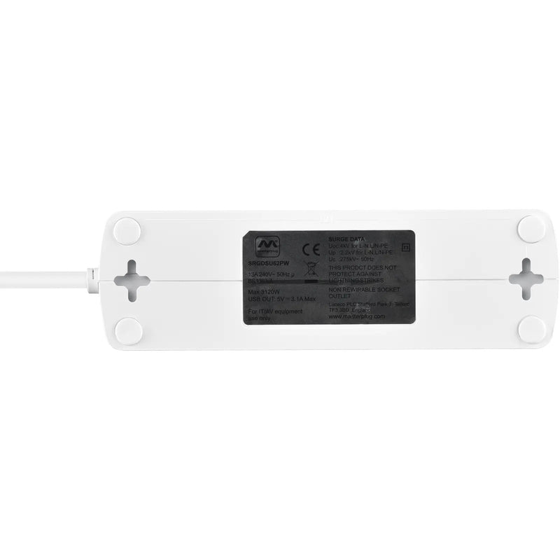 Masterplug High Gloss USB - 2 x USB A, 6 Sockets, 2m, 13A, Gloss White