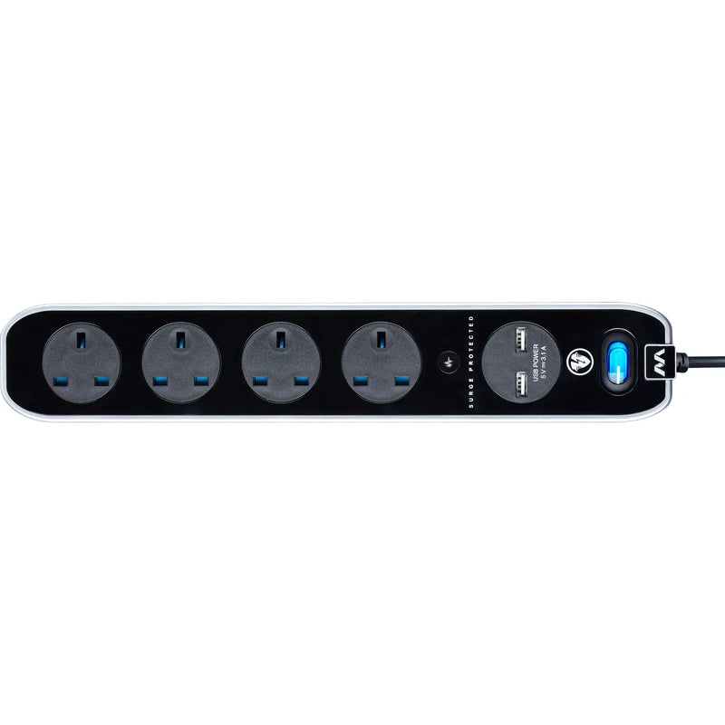 Masterplug High Gloss USB - 2 x USB A, 4 Sockets, 2m, 13A, Gloss Black