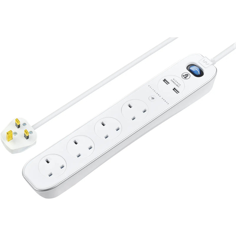 Masterplug High Gloss USB - 2 x USB A, 4 Sockets, 2m, 13A, Gloss White