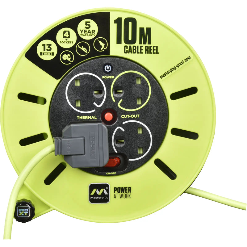 Masterplug Pro XT - 10m, 4 Sockets, 13A, Grey + Green