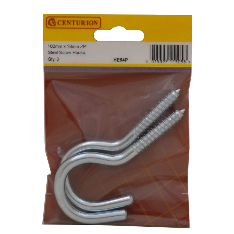 Centurion Steel Screw Hooks - Zinc Plated - 100mm x 7.3mm - (Pack of 2)