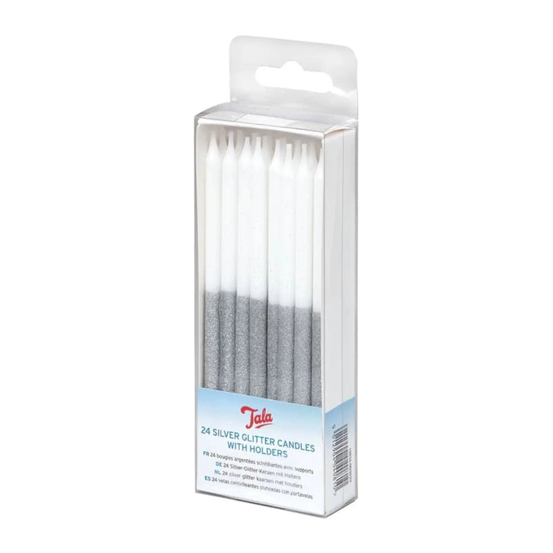 Tala 24 Silver Glitter Candles With Holders