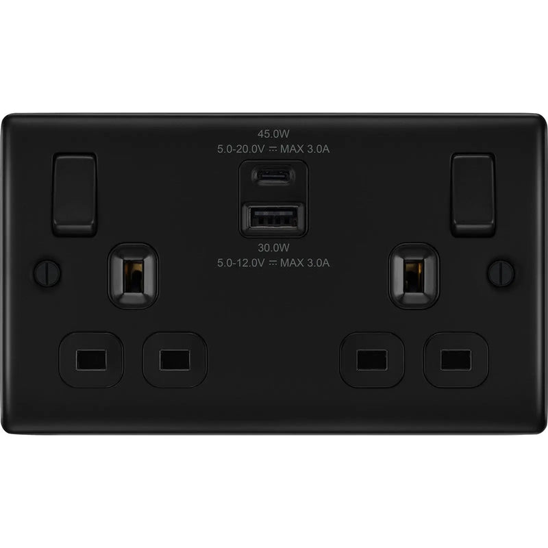 BG Double Power Socket With USB 13a Matt Black