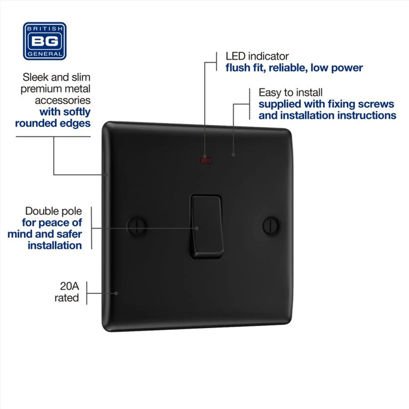 BG Double Pole Switch With Power Indicator 20a Black