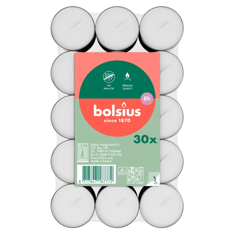 Bolsius Tealights 8 Hour White Box 30
