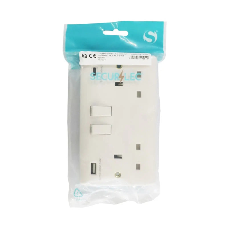 Securlec 2 Gang Switched Socket Double Pole With USB A + C Round Edge