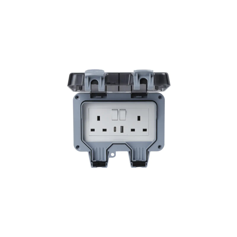 Securlec Double Outdoor Weatherproof 2 Gang Switched Socket With USB-A & USB-C IP66