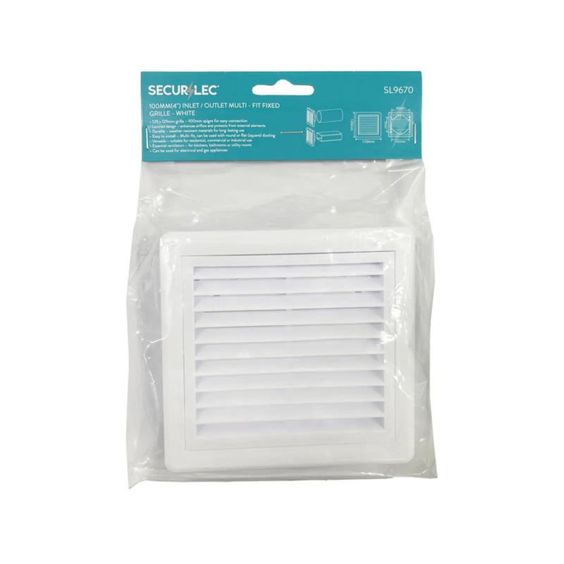 Securlec Inlet/Outlet Multi Fit Fixed Grill White 100mm 4"