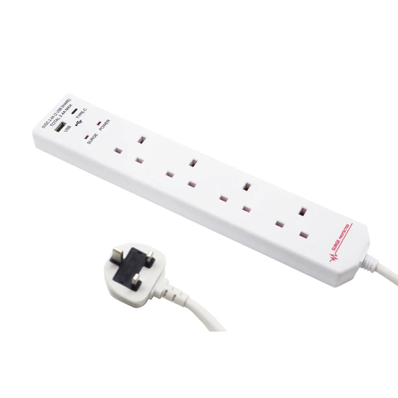 Securlec 4 Gang Extension Lead With 1 x USB-A & 1 x USB-C 2m