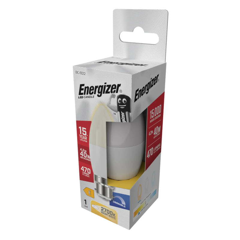 Energizer LED Candle 470lm Opal B22 Dimmable 4.2w