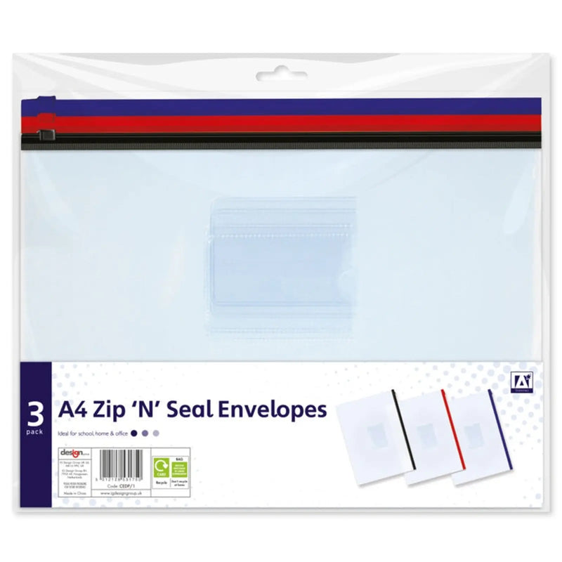 Ig Design A4 Zip & Seal Plastic Envelopes Pack 3
