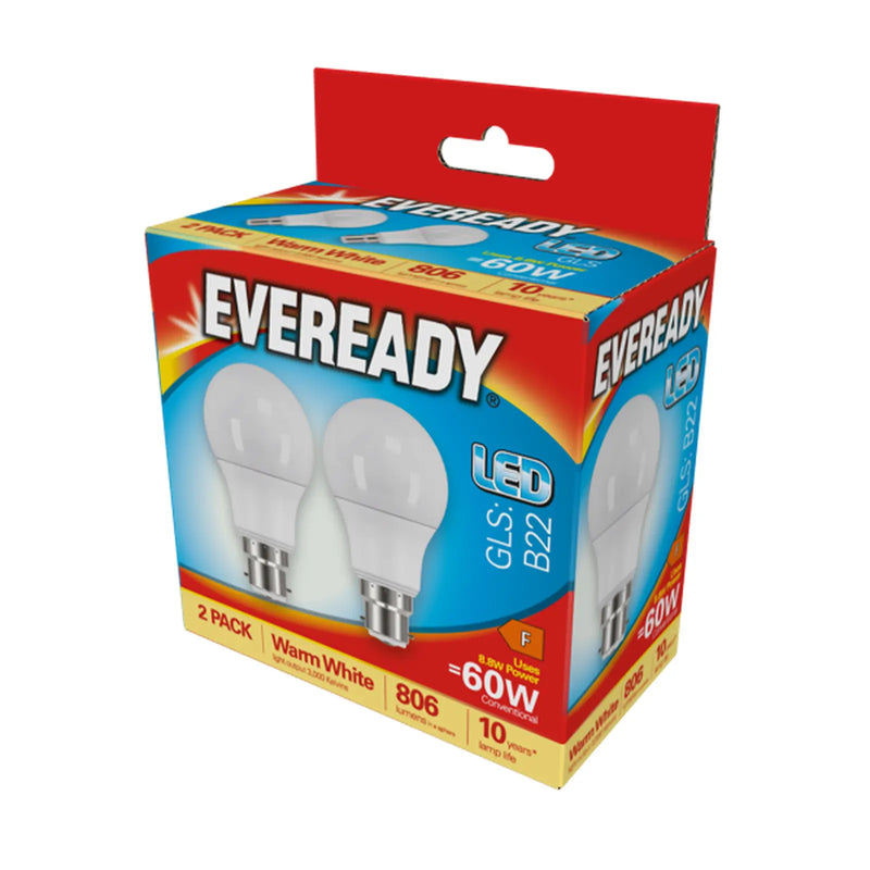 Eveready LED GLS BC B22 3000k Warm White Pack 2 8.8w
