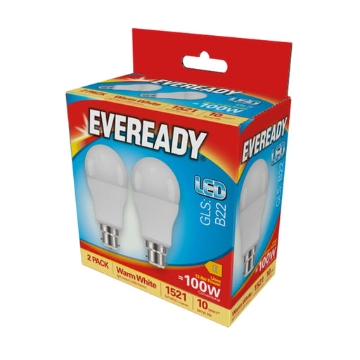 Eveready LED GLS BC B22 3000k Warm White Pack 2 1521lm