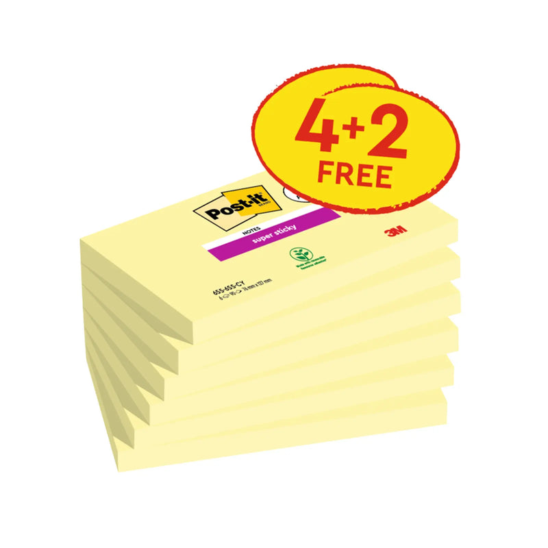 Stax Post-it® Super Sticky Yellow Notes 76 mm x 127 mm 90 Sheets 4 Pads Plus 2 Free