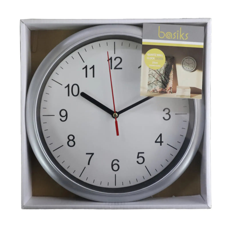 Basiks 23cm Quartz Wall Clock Silver