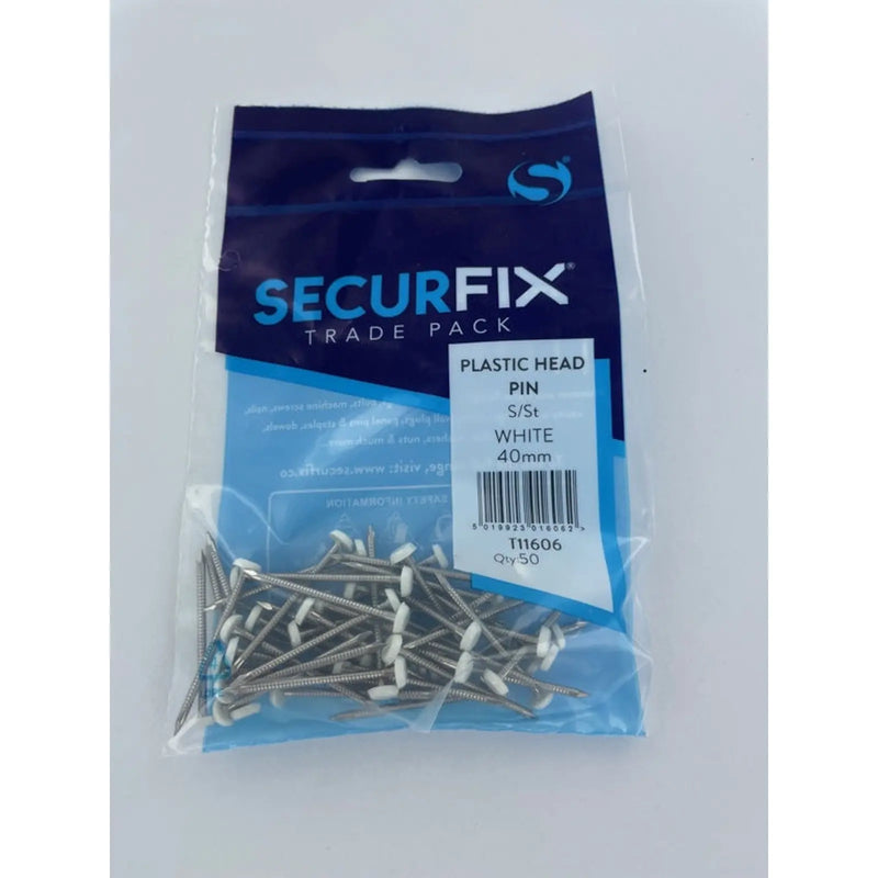 Securfix Stainless Steel Plastic Headed Pin White 40mm 50 Pack