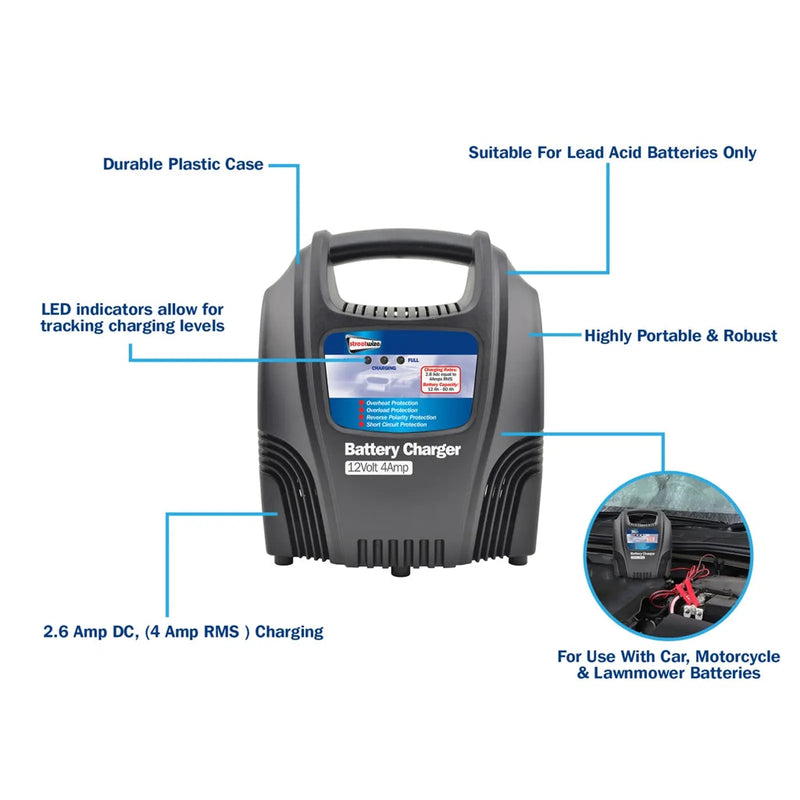 Streetwize Battery Charger - Plastic Cased 12V/4Amp
