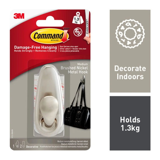 Stax Command™ Medium Forever Classic Brushed Nickel Metal Hook 1 Hook, 2 Medium Strips