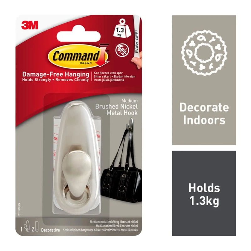 Stax Command™ Medium Forever Classic Brushed Nickel Metal Hook 1 Hook, 2 Medium Strips