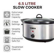 Tower Steel Slow Cooker Stainless 6.5L