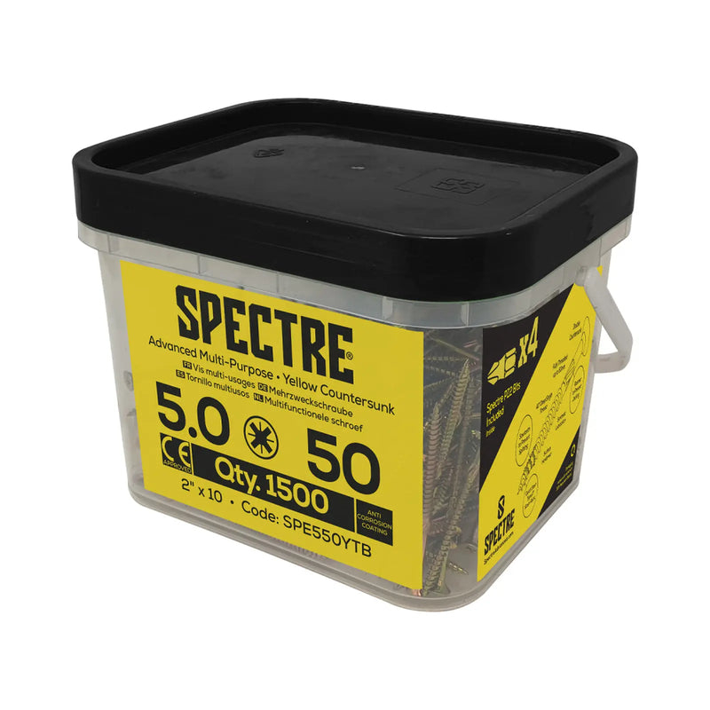 Spectre Woodscrew 5.0x50mm Tub 1500 Yellow Zinc & x4 bits