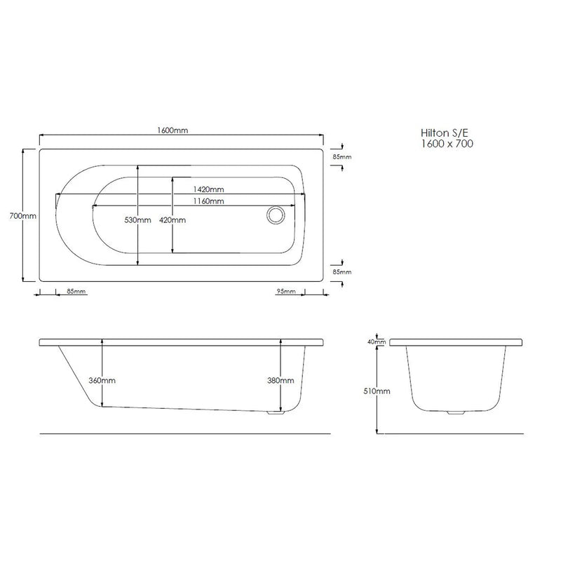Pure Baths Nova 1600mm x 700mm Single Ended Bath